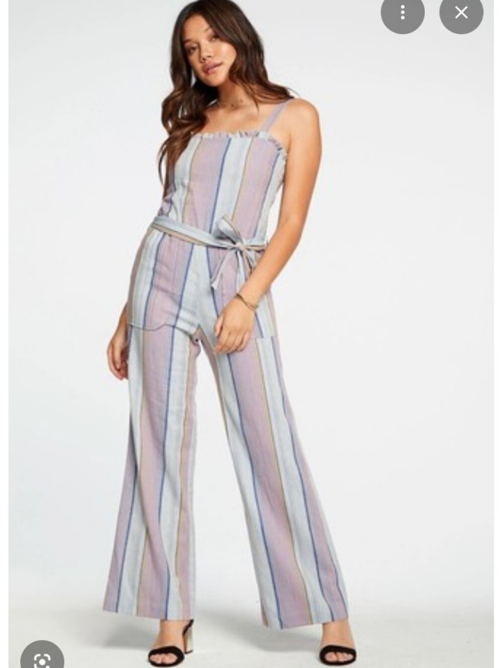 Chaser Smocked Ruffle Cami Jumpsuit Stripe Purple Linen Straps Boho L NWT $117